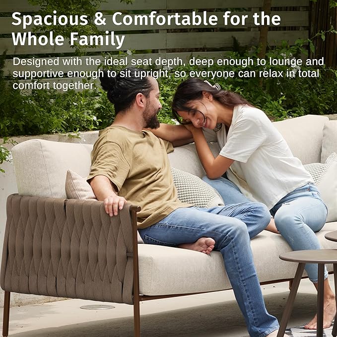 EAST OAK Life Chatter Outdoor Patio Furniture | Outdoor Seating 3 Seats with Waterproof Thick Cushions | Deep Seating Modern Patio for Garden, Porch, Balcony & Backyard | Chestnut & Apricot