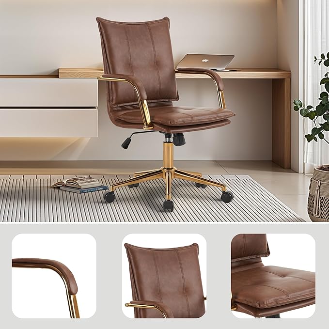 MOJAY Mid-Back Ergonomic Leather Desk Chair, Modern Upholstered Computer Chair, Executive Office Chair with Arms, Swivel Adjustable Rolling Chair with Gold Base (Brown)