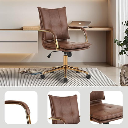 MOJAY Mid-Back Ergonomic Leather Desk Chair, Modern Upholstered Computer Chair, Executive Office Chair with Arms, Swivel Adjustable Rolling Chair with Gold Base (Brown)