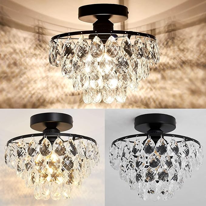 YYJLX Modern Small Crystal Ceiling Light Fixture Mini Black Semi Flush Mount Chandelier Light Fixture for Hallway Bedroom Bathroom Closet e26