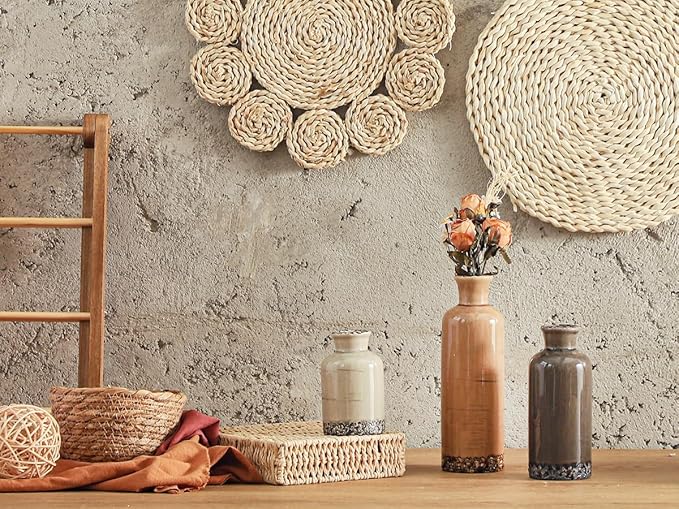 Ceramic Vase Set of 3, Neutral Flower Vases Home Decor, Pottery Rustic Farmhouse Decorative Vases Modern Decor for Table Mantel Entryway Bookshelf Living Room Kitchen Bedroom - Brown