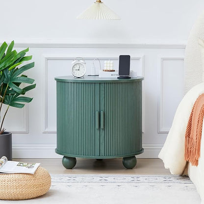 24" Vintage End Table, Nightstands Set of 2, Mid-Century Fluted End Table with Charging Station, Wood Side Table with Storage & Sliding Door for Sofa, Couch, Bed (Round, Green)