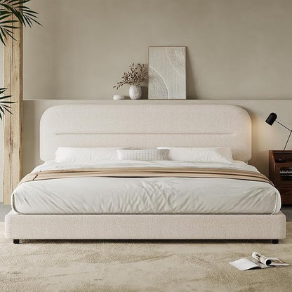 King Size Boucle Bed Frame, Upholstered Cloud with Headboard, Soft Platform with Thickened Footboard, Rounded Corners, No Box Spring Required, Easy Assembly, Cream
