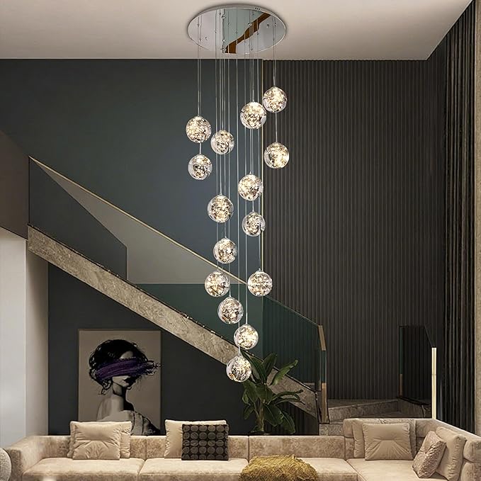 15-Light LED Staircase Chandelier Crystal Ceiling Lights Large Chandeliers for High Ceilings, Entryway Modern Lighting Fixture Villas and Stairs, Adjustable Length 23" W x100 H,75W