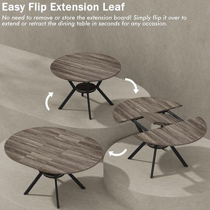 42"-58" Extendable Round Dining Table for 4-6, Kitchen Oval Table with Hidden Leaves & Storage Shelf, Space Saving Modern Design with Sturdy Metal Legs for Kitchen, Dining Room