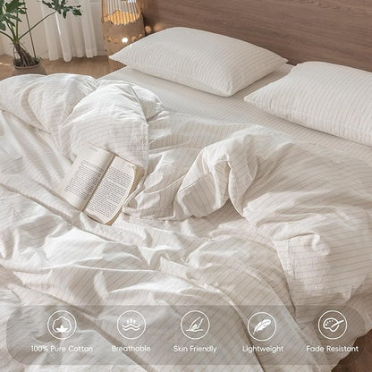 MooMee Striped Duvet Cover Set 100% Washed Cotton Linen Like Textured Breathable Durable Soft Comfy (White Almond Milk Grey Wide Stripes, Oversized Full 82"x86")