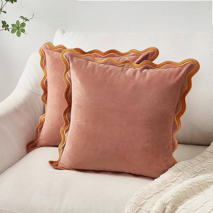 MONDAY MOOSE Decorative Throw Pillow Covers Cushion Cases, Set of 2 Soft Velvet Scalloped Wavy Edge Designs, Mix and Match for Home Decor, Pillow Inserts Not Included (Honey/Pink, 20x20 inch)
