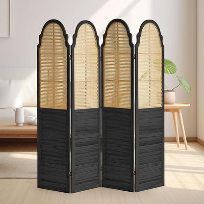 4 Panel Wood Room Divider, Folding Privacy Screen, Rattan Room Divider Wall, Foldable Wood Divider Wall, Portable Partition Screen Room Deco Divider for Room Separation Bedroom Garden (Black)