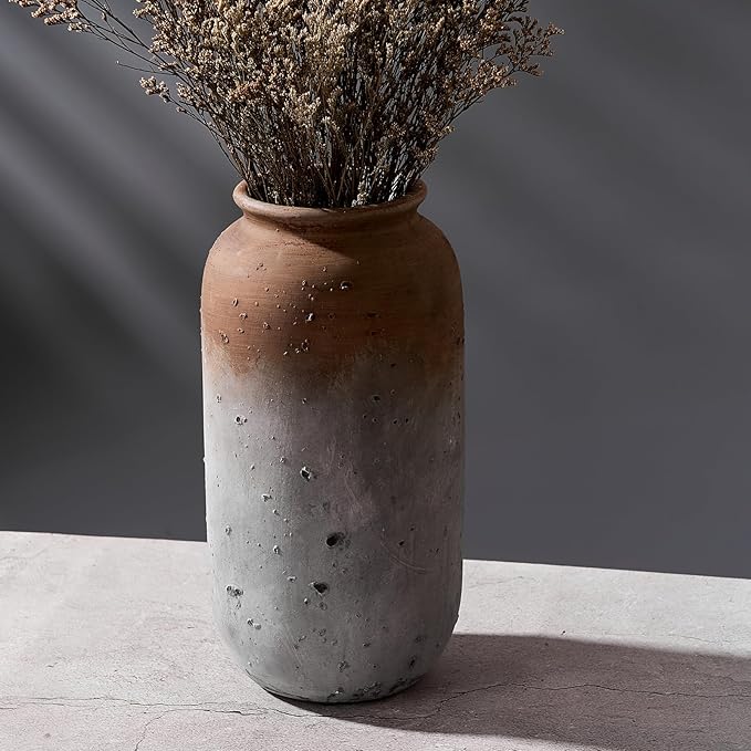 Ceramic Farmhouse Vase for Decor | 11.5 Inch Large Ceramic Rustic Vintage Flower Pottery Vase for Home Countertop, Living Room, Shelf, Centerpiece and Table Deocration, Brown