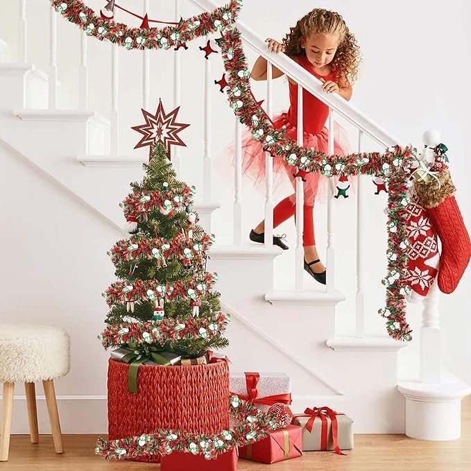 50FT Red Green Christmas Tinsel Garland with Snowman Ornaments, Metallic Twist Shiny Xmas Garland for Tree Decorations Fireplace Mantel Home Office Stair Party Outdoor Indoor Holiday Decor