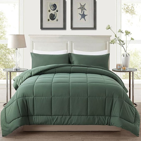 DOWNCOOL All Seasons Sage Green Bedding Comforters & Sets with 2 Pillow Cases -3 Pieces Down Alternative Comforter Set -Bedding Comforter Sets Queen -Lightweight and Noiseless (Queen,88x90 inches)