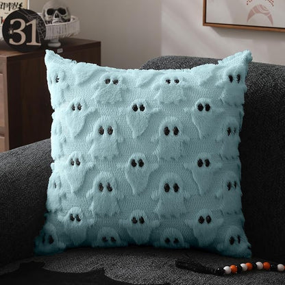 DFXSZ Halloween Pillow Covers 18x18 inch Set of 2 Blue Ghost Throw Pillow Cases Soft Plush Faux Fur Wool Cushion Case for Chair Bedroom Living Room Home Decor PTK03G18