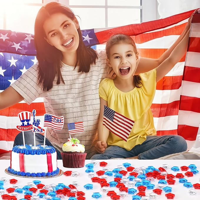 120 Pcs Patriotic Acrylic Star Translucent Crystals Gems Independence Day Memorial Day Veterans Day Remembrance Day 3D Star Shaped Gems for Vase Filler Ice Rocks,Table Scatter, Party Wedding