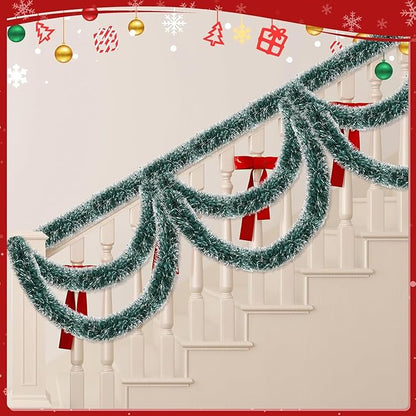 Lush Christmas Tinsel Garland, Dark Green & White Radiant Metallic Twist Streamers for Holiday Decor, Plush & Full Xmas Tree Garland for an Elegant Festive Atmosphere, Indoor & Outdoor Party Supplies