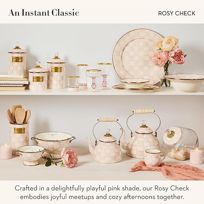 MACKENZIE-CHILDS Ceramic Farmhouse Oil Cruet, Ceramic Oil-Dispenser Bottle, Pink-and-White Rosy Check