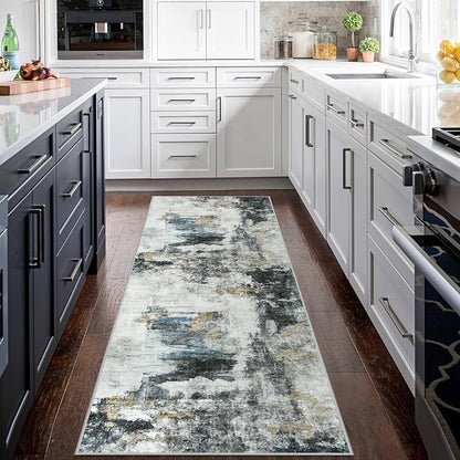 Runner Rug for Hallways Kitchen 2'6"x8' Washable Non Slip: Carpet Non Skid 8ft Entryway Rubber Backed 8 Feet Neutral Abstract Modern Rug Low Pile Pet Friendly Indoor Black Gold
