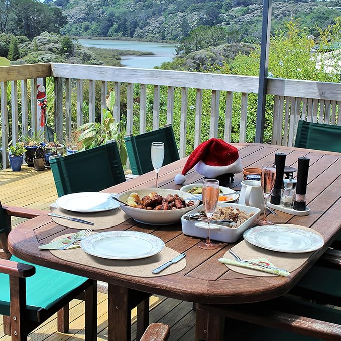 Placemats Set of 12 Washable, Heat Resistant Table Placemats Wipeable Faux Leather Oval Place Mats Non Slip, Waterproof Oval Table Mats for Indoor Outdoor, Beige