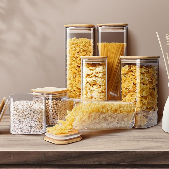 Square Glass Jars with Bamboo Lids 30 FL OZ [Set of 6], Glass Canisters with Airtight Lid, Glass Food Storage Container for Pasta, Flour, Sugar, Rice, Best for Kitchen & Pantry