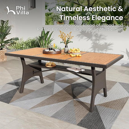 PHI VILLA Outdoor Dining Set for 8, Rectangular Wicker Table with Acacia Wood Top & Rattan Chairs with Cushions, 74” Large Modern Furniture Set for Patio, Deck, Backyard, Porch