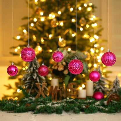 Christmas Ball Ornaments Fuchsia Pink Christmas Tree Decorations with Hang Rope-36pcs Shatterproof Christmas Ornaments Set with 6 Styles in 3 Sizes(Small Medium Large)