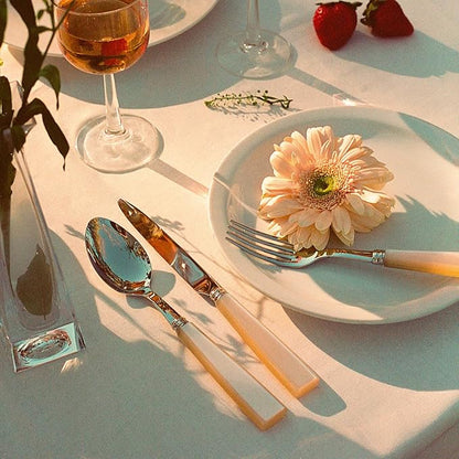 20-Piece Flatware Set For 4 - Icône Collection - Knives, Forks, Soup Spoons, Teaspoons & Dessert Forks - Stainless Steel & Acrylic - Dishwasher Safe - Pearly White