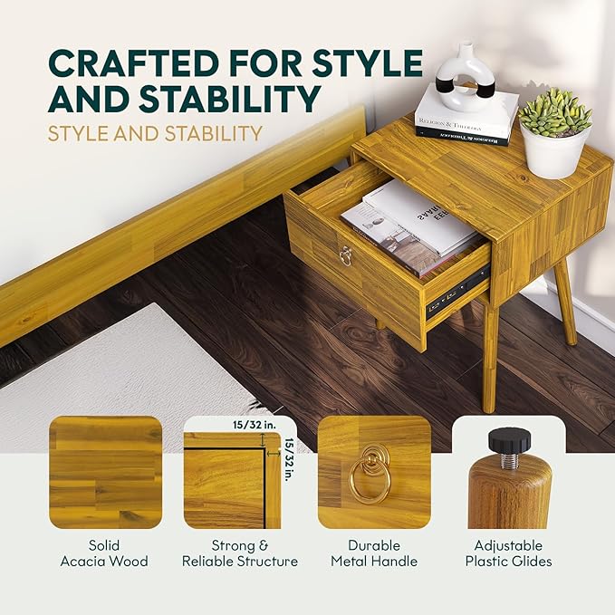 Bme Alden Wood Nightstand, Solid Wood End Table, Mid Century Modern Nightstand, Side Table with 1 Drawer, Compact for Bedroom, Living Room & Study Room, Easy Assembly, Honeyed Wood