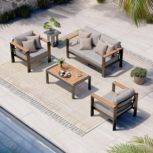 Aluminum Outdoor Patio Furniture Set with Table, 4 Piece Patio Conversation Sets Outdoor Chair with Washable Thick Cushions, Patio Sectional Furniture Set for Porch, Balcony, Yard, Gray