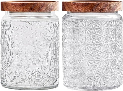 Vintage Glass Jars with Wooden Lids, 2 Pack 24 oz Airtight Glass Food Storage Containers Sets for the Kitchen, Sugar Coffee Candy Spice Cookie Tea Pasta