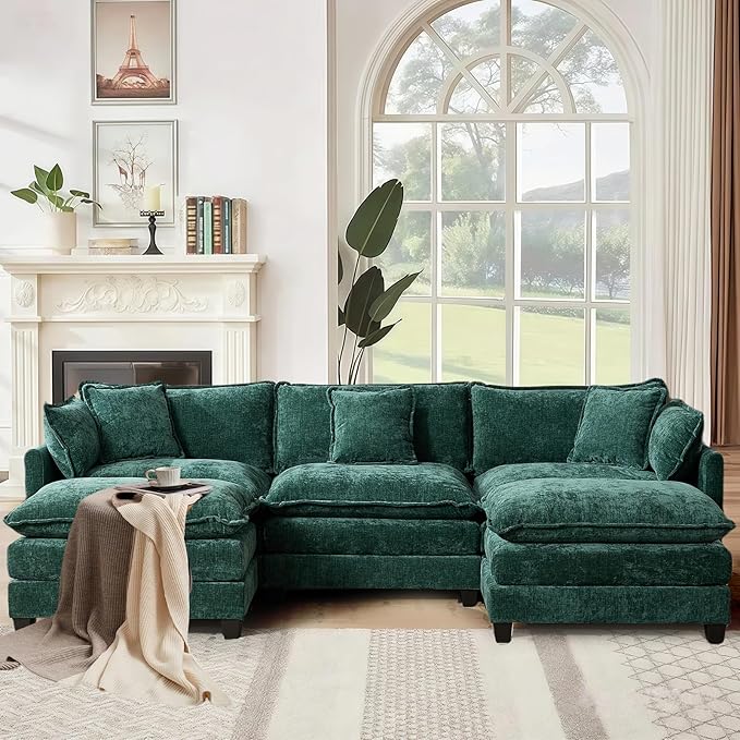 SoarFlash 107.4" Chenille Sectional Sofa, Comfy U Shaped Modular Coush Sofa with Ottoman, Modern 4 Seat Couch Deep Seat Sofa Set for Living Room,Green