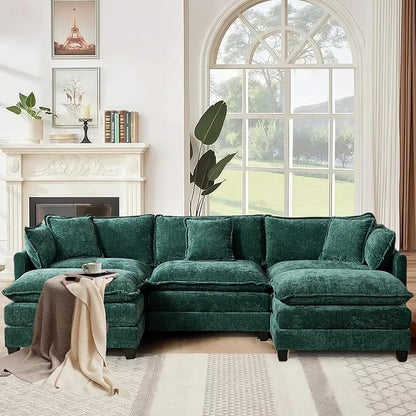 SoarFlash 107.4" Chenille Sectional Sofa, Comfy U Shaped Modular Coush Sofa with Ottoman, Modern 4 Seat Couch Deep Seat Sofa Set for Living Room,Green