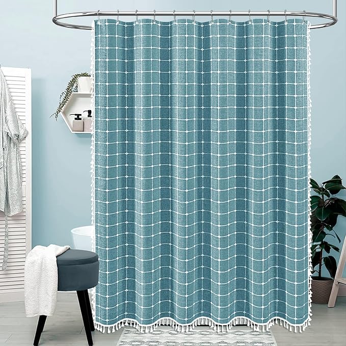 BTTN 78 Inch Long Shower Curtain, Boho Farmhouse Linen Ultra Thick Fabric Shower Curtain Set with Plastic Hooks, Tall Rustic Country Weighted Cloth Shower Curtains for Bathroom, Teal/Turquoise, 72x78