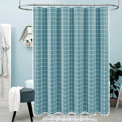 BTTN 78 Inch Long Shower Curtain, Boho Farmhouse Linen Ultra Thick Fabric Shower Curtain Set with Plastic Hooks, Tall Rustic Country Weighted Cloth Shower Curtains for Bathroom, Teal/Turquoise, 72x78