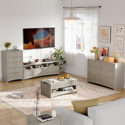 Pipishell Fluted 8 Drawers Dresser for Bedroom, 47" Wooden Drawers with Metal Handle, Dressers with Round Edge Design, Closet Clothes Storage Organizer for Bedroom, Hallway, Grey