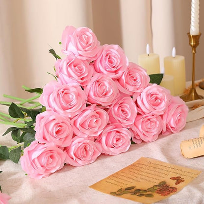 Nubry 50pcs Artificial Silk Roses Bulk,Fake Roses Flower with Stems Realistic Flowers for Wedding Centerpiece Home Party Decor(Pink)