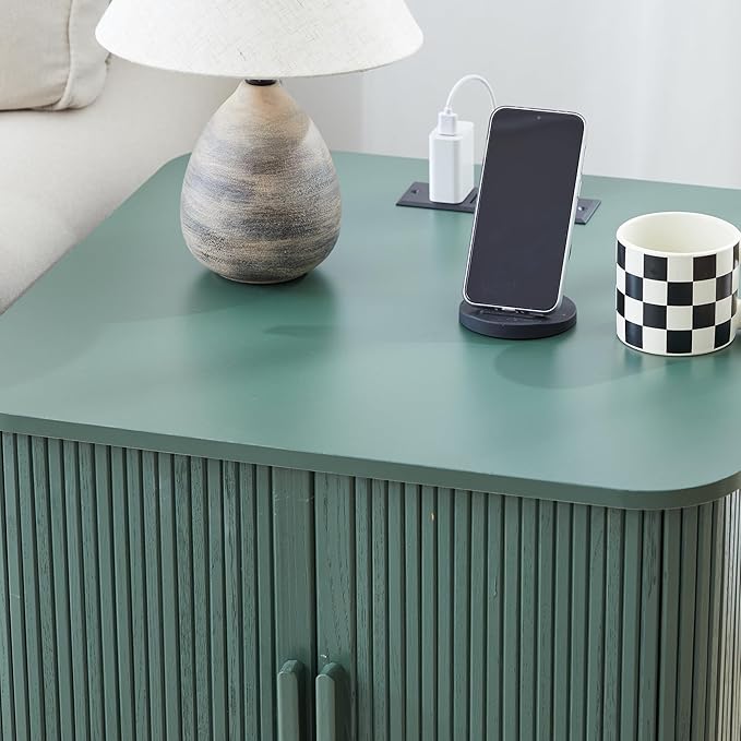 24" Vintage End Table, Nightstands Set of 2, Mid-Century Fluted End Table with Charging Station, Wood Side Table with Storage & Sliding Door for Sofa, Couch, Bed (Square, Green)