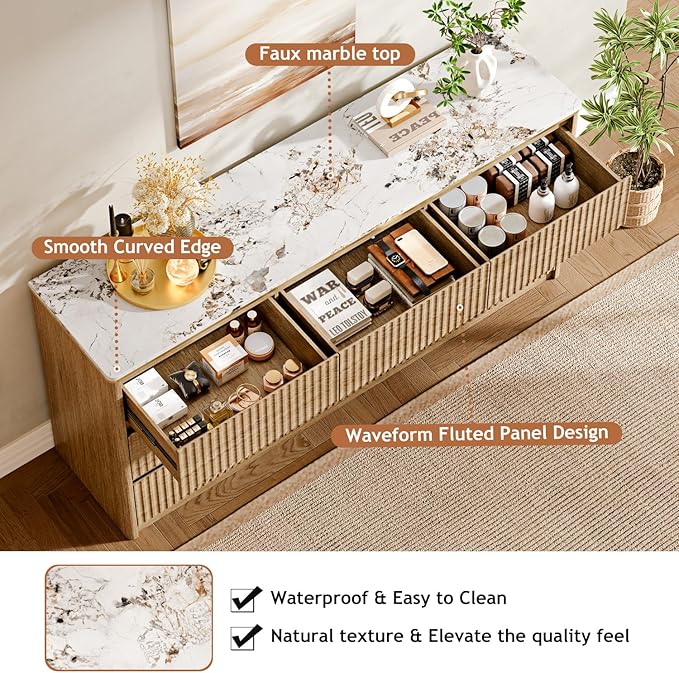 Fluted Dresser for Bedroom with 9 Drawers,62.99" Modern Chest of Drawers with Faux Marble Top, Curved Profile Design,Dresser TV Stand, Wood Drawer Organizer for Living Room, Hallway, Wood