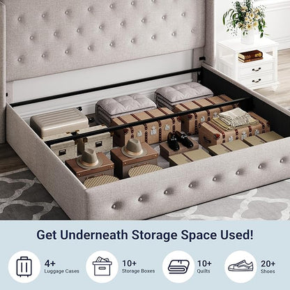 Allewie King Size Lift Up Storage Bed, Button Tufted Headboard with Wingback, Hydraulic Support, No Box Spring Needed, Light Beige