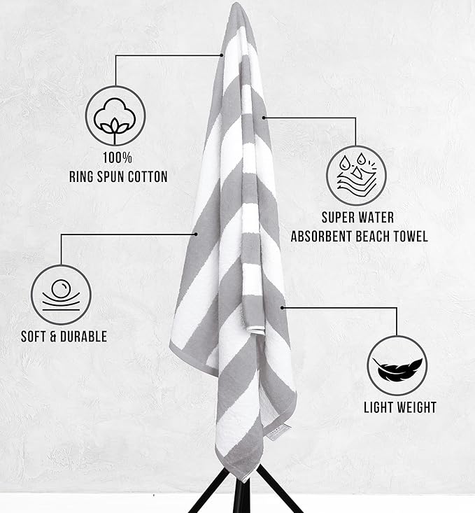 Utopia Towels Cabana Stripe Beach Towel, Oversized 100% Ringspun Cotton Pool Bath Towels for Beach, Red Navy Grey Plum