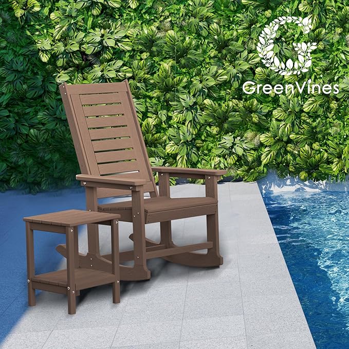 GREENVINES Outdoor Rocking Chairs | Set of 2 | Porch Rocker | HDPE Plastic | Wood Grain | Oversized Rockers | High Back | Big & Tall | Ladder Back | Dark Brown | for Patio Outside