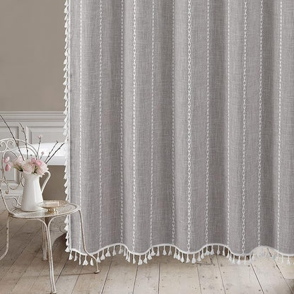 MitoVilla Boho Long Shower Curtain 72 x 78, Farmhouse 78 inch Long Polyester Linen Fabric Shower Curtains with Tassel for Chic Cottagecore French Rustic Bathroom Decor