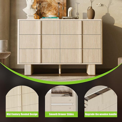 Fluted 6 Dresser for Bedroom, 47'' Modern Drawer Dressers with 2 Widened Reinforced Legs for Living Room, Hallway, Whitewashed Oak