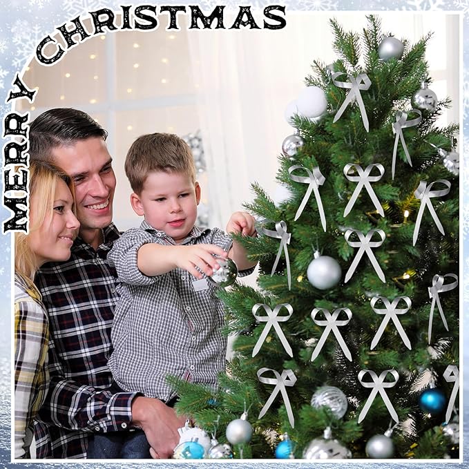 12 Pcs 2025 Metal Christmas Bow Ornaments for Christmas Tree Garland Wreath Bulk Bow with Clip Ornament Vintage Indoor Outdoor Home Xmas Party Decorations, 4 x 5 Inches (Silver)