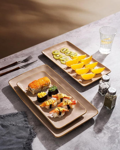 famiware Serving Platter, Rectangular 15.67/14.1/12.6 inch Serving Dishes for Entertaining, Microwave Dishwasher Safe, Stonware for Party, Turkey, Cheese, Ocean Series, Cinnamon Brown