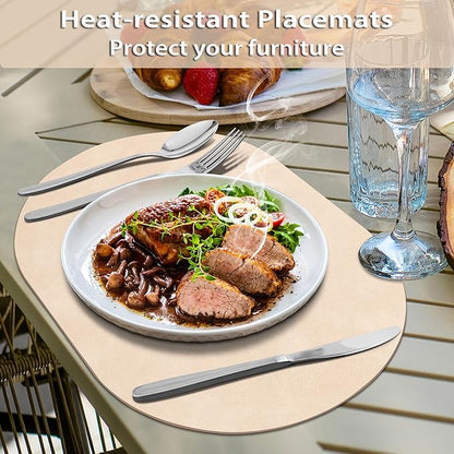 ADRIMER Placemats, Heat Resistant Oval Placemats Set of 4 Washable 12 x 17 Inch, Waterproof Table Mats, Wipeable Pu Place Mats for Kitchen, Dining Room, Beige