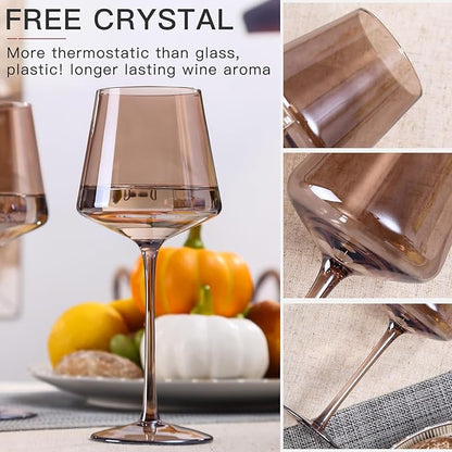 Colored Wine Glasses Set of 6-18oz Smokey Sand Wine Glass with Tall Long Stems and Flat Bottom,Crystal Amber Wine Glasses-Unique Gifts for Wine Lovers,Wedding,Engagement Gifts(Smokey Sand)