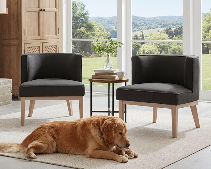 Barrel Chairs Set of 2 Mid Century Modern Accent Chair with Wooden Legs Upholstered Reading Arm Linen Fabric Waiting Room Round Side Chairs for Small Spaces Living Room Bedroom Office, Charcoal