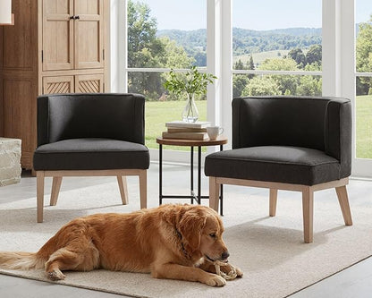 Barrel Chairs Set of 2 Mid Century Modern Accent Chair with Wooden Legs Upholstered Reading Arm Linen Fabric Waiting Room Round Side Chairs for Small Spaces Living Room Bedroom Office, Charcoal