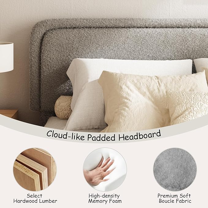 King Size Boucle Bed Frame, Cloud Upholstered Platform Bed with Height Adjustable Headboard & Soft Rounded Corners, No Box Spring Needed, Noise Free, Easy Assembly, Light Grey