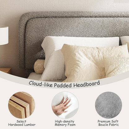 King Size Boucle Bed Frame, Cloud Upholstered Platform Bed with Height Adjustable Headboard & Soft Rounded Corners, No Box Spring Needed, Noise Free, Easy Assembly, Light Grey