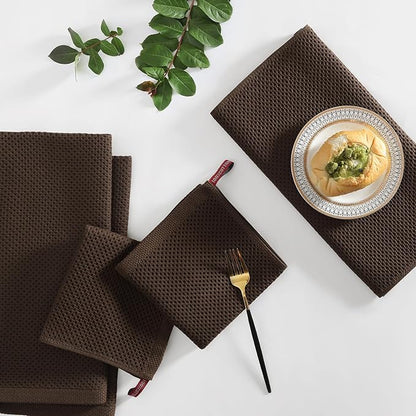 Homaxy 100% Cotton Kitchen Towels and Dishcloths Set, 12 x 12 Inches and 13 x 28 Inches, Set of 16 Bulk Kitchen Towels Set, Ultra Soft Absorbent Dish Cloths for Washing Dishes, Dark Brown